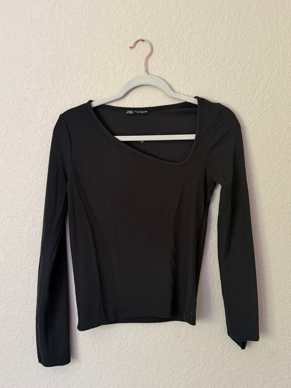 Zara Black Long-Sleeve Asymmetric Scoop Neck Top